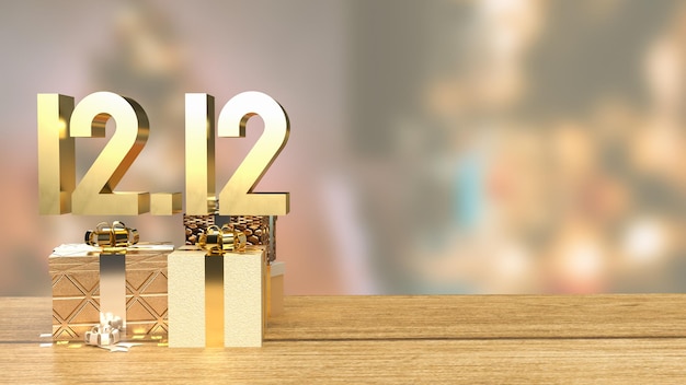 El oro 1212 y la caja de regalo en la mesa de madera para el día de compras o promoción de marketing 3d renderingxA