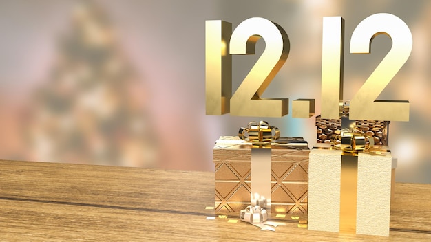 El oro 1212 y la caja de regalo en la mesa de madera para el día de compras o promoción de marketing 3d renderingxA