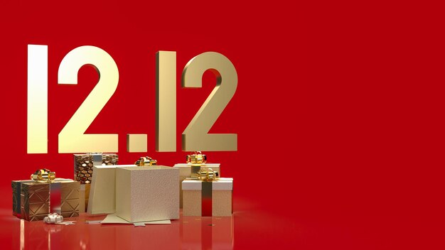 El oro 1212 y la caja de regalo sobre fondo rojo para el día de compras o promoción de marketing 3d renderingxA