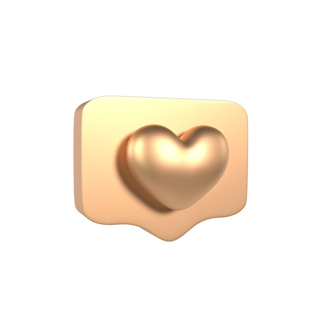 Oro 3D como icono de notificación en pines volando. Bocadillo de diálogo social emoji de corazón renderizado realista.