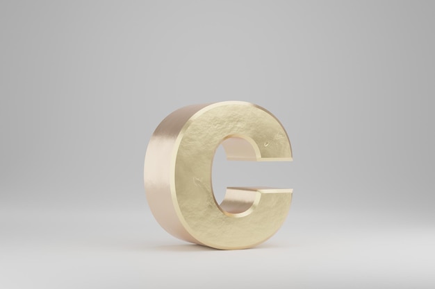 Oro 3d letra C minúscula. Letra de oro aislada sobre fondo blanco. Alfabeto dorado con imperfecciones. Carácter de fuente renderizado 3D.