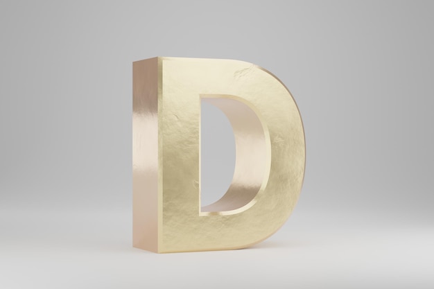 Oro 3d letra D mayúscula. Letra de oro aislada sobre fondo blanco. Alfabeto dorado con imperfecciones. Carácter de fuente renderizado 3D.