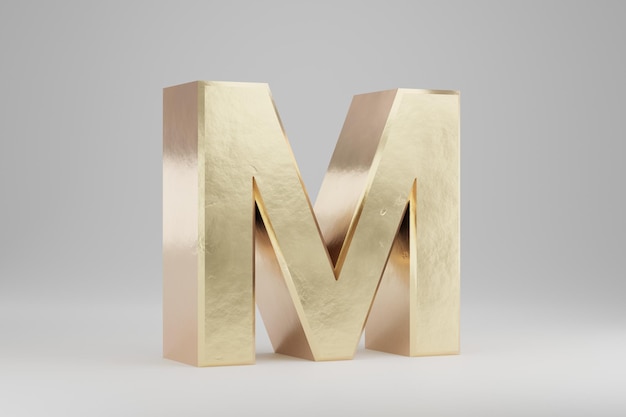 Oro 3d letra M mayúscula. Letra de oro aislada sobre fondo blanco. Alfabeto dorado con imperfecciones. Carácter de fuente renderizado 3D.