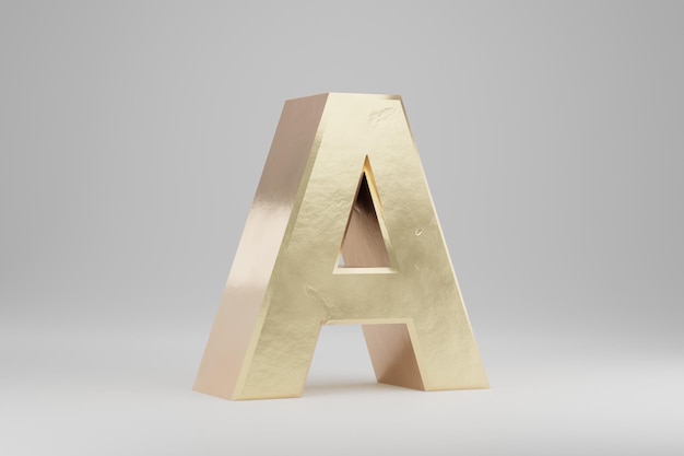 Oro 3d letra A mayúscula. Letra de oro aislada sobre fondo blanco. Alfabeto dorado con imperfecciones. Carácter de fuente renderizado 3D.