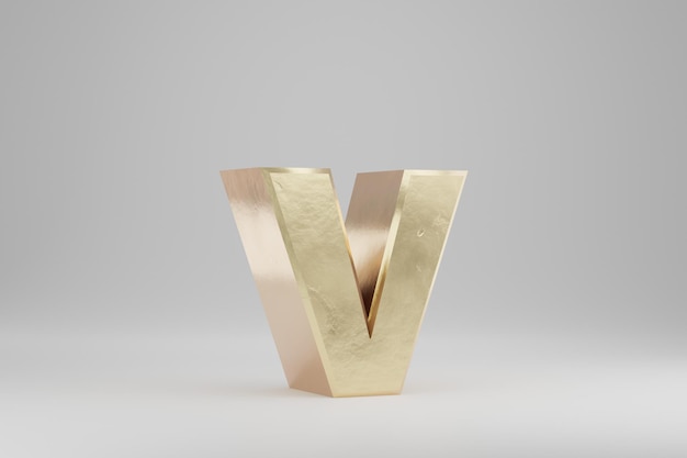 Oro 3d letra V minúscula. Letra de oro aislada sobre fondo blanco. Alfabeto dorado con imperfecciones. Carácter de fuente renderizado 3D.