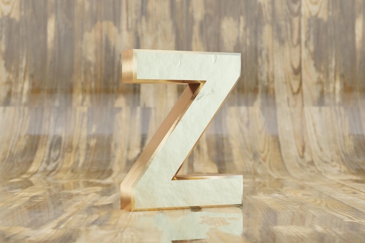 Foto oro 3d letra z mayúscula. letra de oro sobre fondo de madera húmeda brillante. alfabeto dorado con imperfecciones. carácter de fuente renderizado 3d.