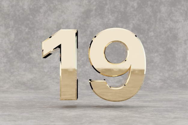 Oro 3d número 19. Número de oro brillante sobre fondo de hormigón. Dígito metálico con reflejos de luz de estudio. Render 3D.