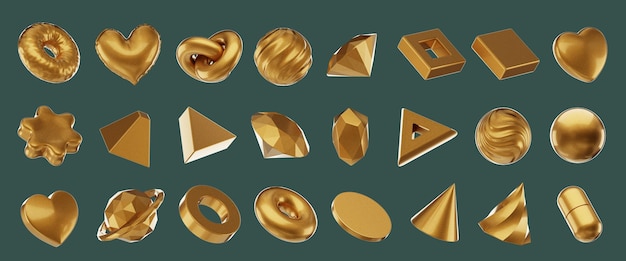 Oro Conjunto de formas geométricas de objetos con fondo aislado representación 3D