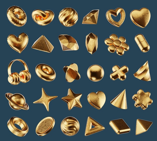 Oro Conjunto de formas geométricas de objetos con fondo aislado representación 3D