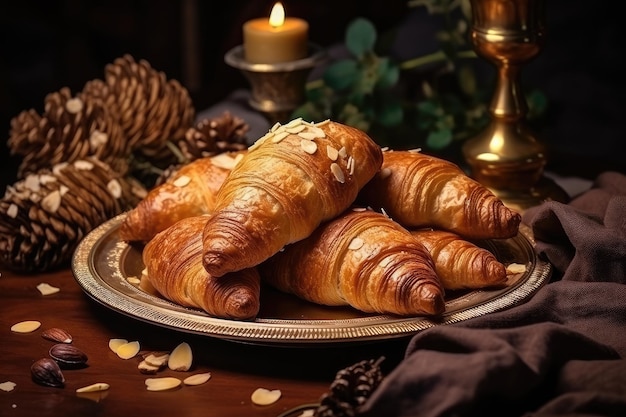Oro y croissants crujientes en una tradicional bandeja de desayuno francesa hecha en casa en el Almond Croissant B