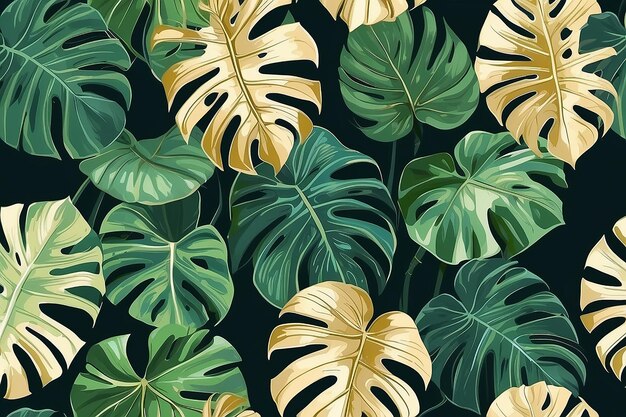 Oro de lujo y fondo verde de la naturaleza vector patrón floral planta de filodendro de hoja dividida dorada con artes de línea de plantas monstera ilustración vectorial