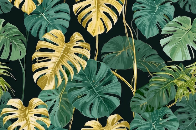 Oro de lujo y naturaleza fondo verde vector patrón floral planta filodendro de hoja dividida dorada con artes de línea de planta monstera ilustración vectorial