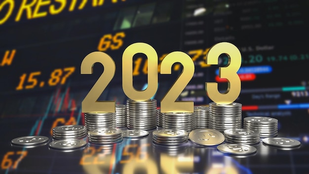 El oro y las monedas de 2023 para la representación 3d del concepto de negocio