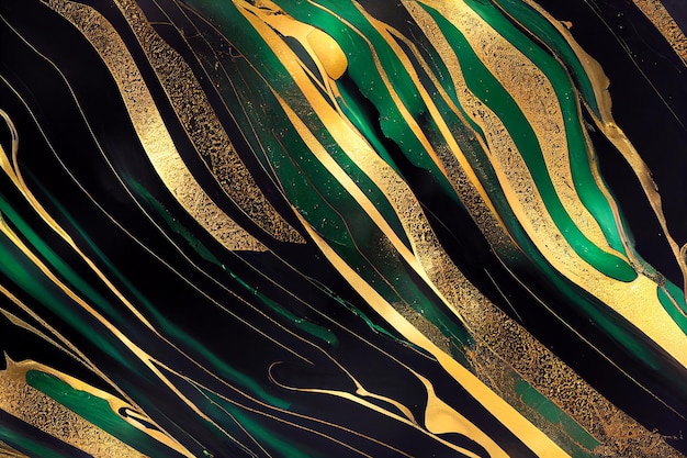 Oro negro y mármol verde fondo abstracto pintura acrílica decorativa vertiendo textura de mármol de roca