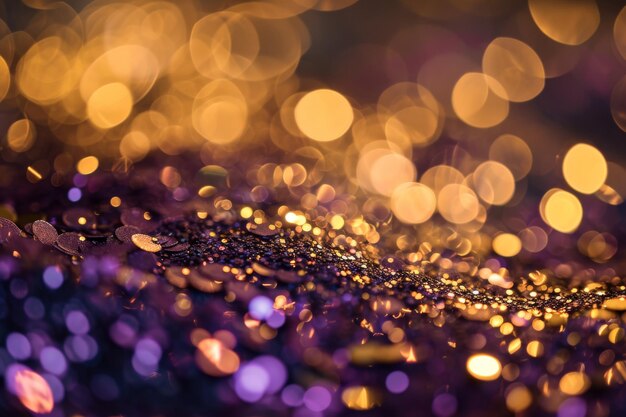 Oro y púrpura brillantes abstractos confeti bokeh oro y pórpura brillantes abstracto confeti Bokeh fondo generado por IA