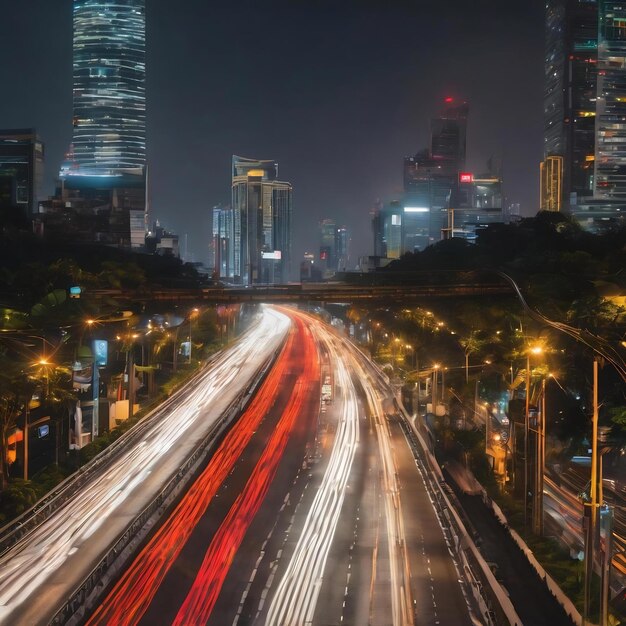 Oro rojo blanco gris, etc. luz bokeh borrosa en la autopista vista del paisaje urbano de Bangkok como fondo