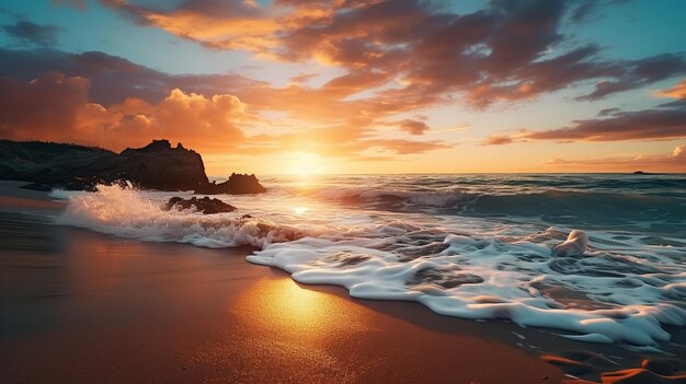 oro rosa hermosa puesta de sol en el mar agua ola cielo nublado nubes dramáticas gaviota volar