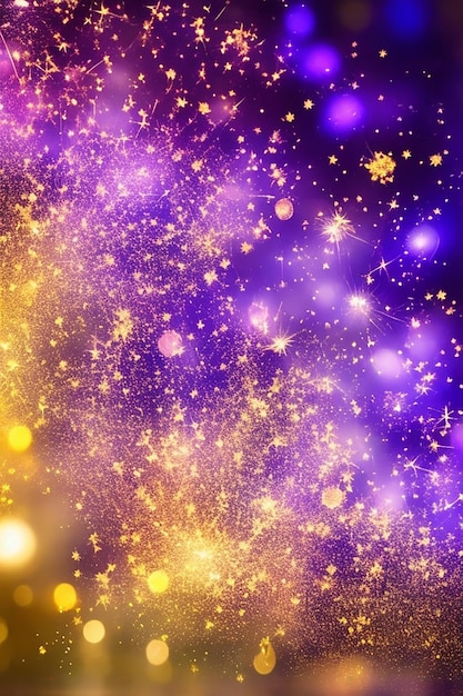 Oro y violeta oscuro Fuegos artificiales y bokeh en la víspera de Año Nuevo y espacio de copia Feriado de fondo abstracto