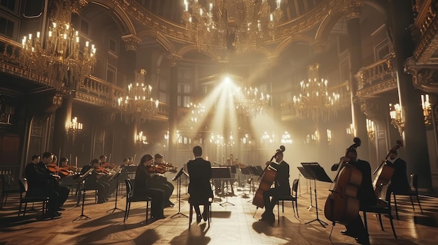 Orquesta sinfónica actuando en una gran y opulenta sala de conciertos