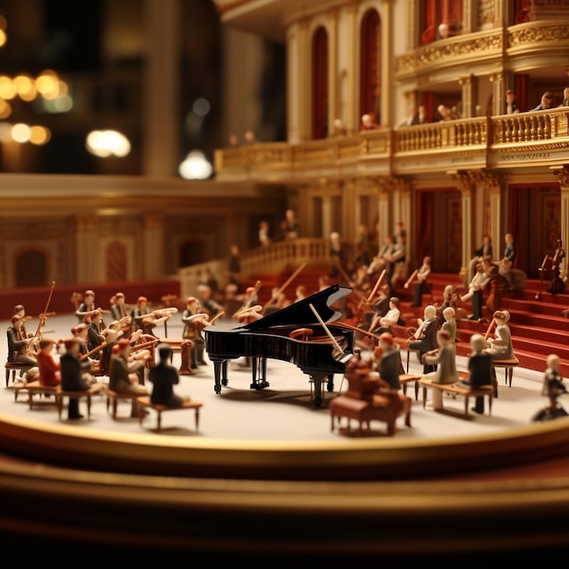 Foto orquestra em miniatura de trens modelo se apresentando em uma grande sala de concertos