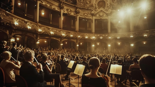 Orquestra tocando apaixonadamente em um teatro elegante