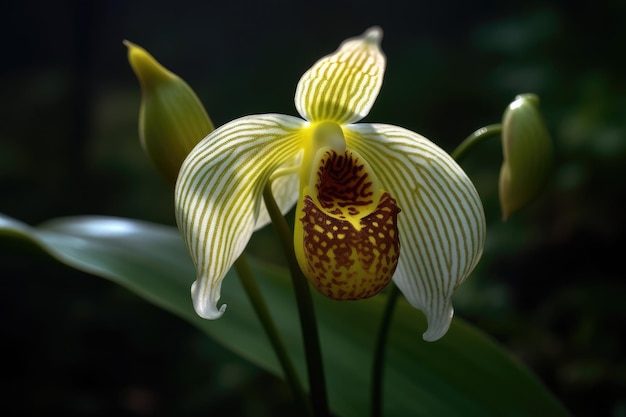 Una orquídea amarilla y blanca con una mancha marrón en la base.