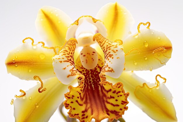 Una orquídea amarilla con una flor roja y blanca.