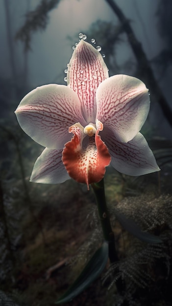 Una orquídea blanca con un corazón rojo en el centro.