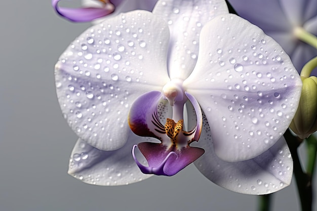 Una orquídea blanca y morada con gotas de agua