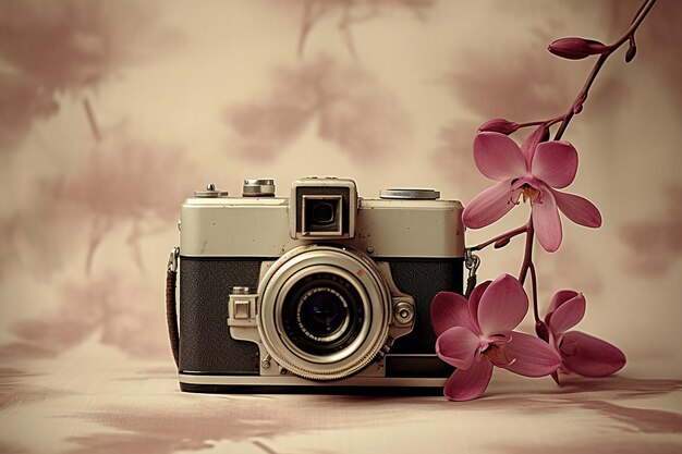 Orquídea con una cámara vintage para los entusiastas de la fotografía