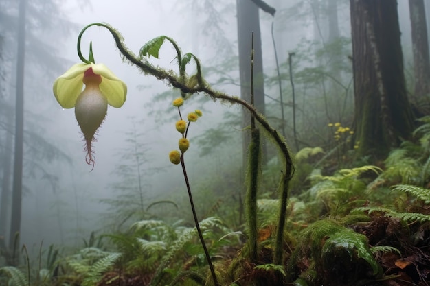 Orquídea drácula com cara de macaco em uma floresta enevoada criada com IA generativa