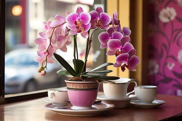 Foto orquídea con un entorno de restaurante o cafetería retro