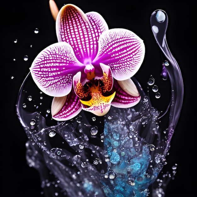 Orquídea increíble con salpicaduras de agua y gotas ai generativo