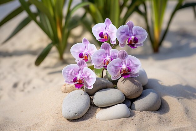 Orquídea en un jardín zen con rocas y arena