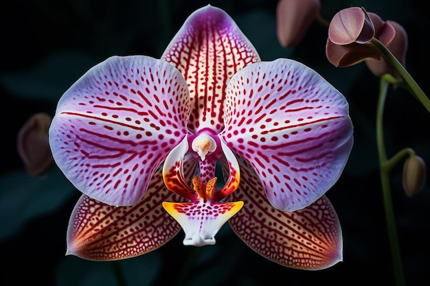 una orquídea morada y blanca con manchas rojas en el centro.