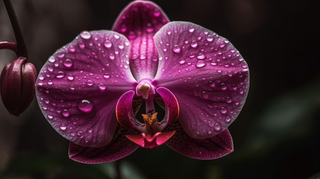 Una orquídea morada con gotas de agua