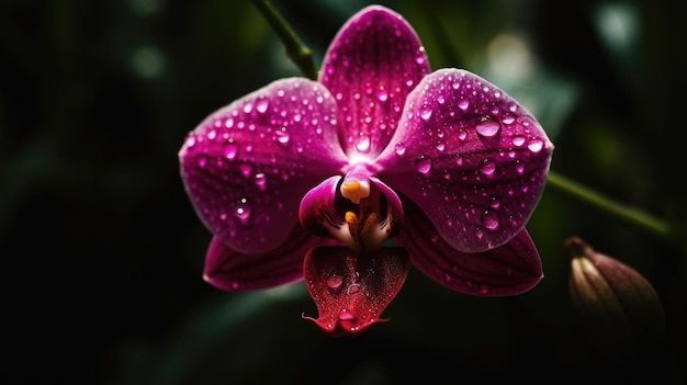 Una orquídea morada con gotas de agua