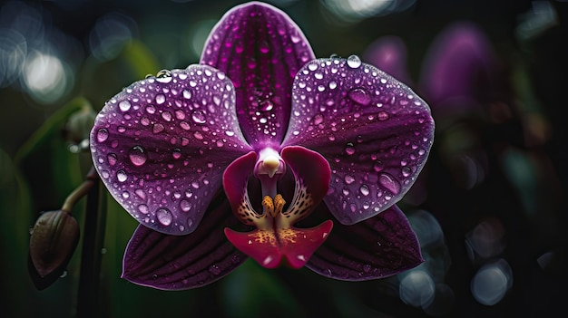 Una orquídea morada con gotas de agua