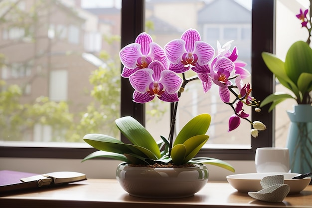 Foto orquídea na mesa no fundo da janela