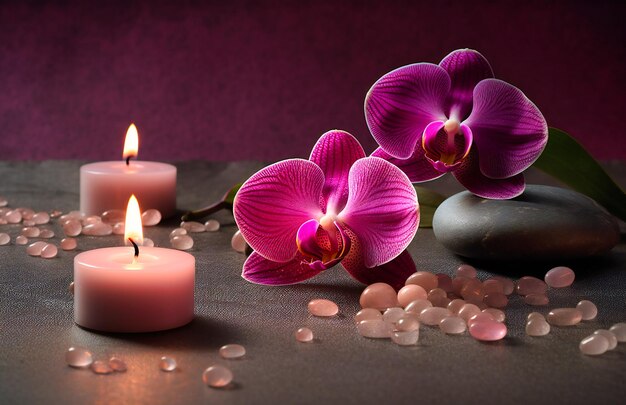 Orquídea de piedras y velas en la mesa de spa