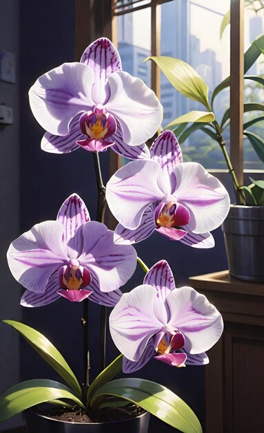 una orquídea púrpura y blanca con una hoja verde frente a una ventana