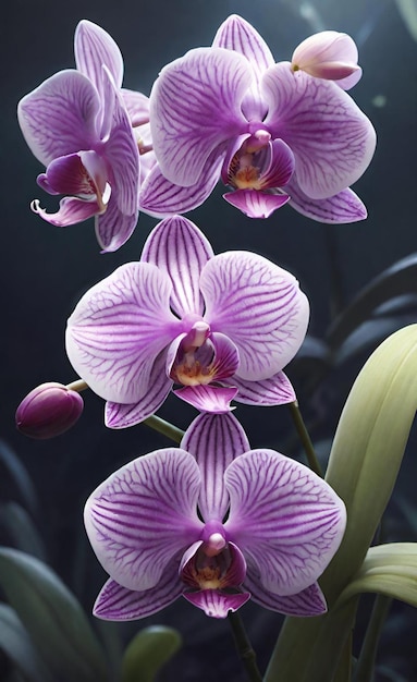 una orquídea púrpura con un centro púrpura y un tallo verde