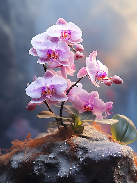 Orquídea en una roca texturizada Pasteles delicados Efecto Bokeh Macr Ilustración hiperrealista Arte fotográfico