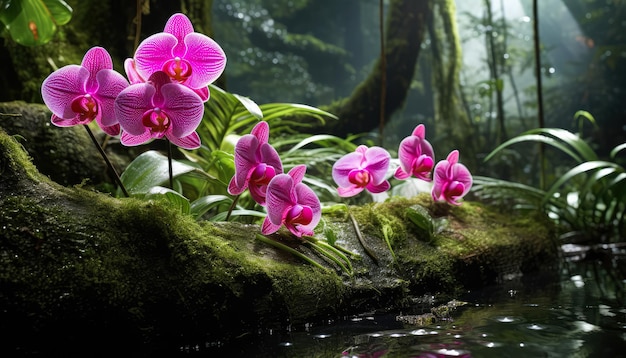 La orquídea rosa en el exuberante bosque tropical con el río