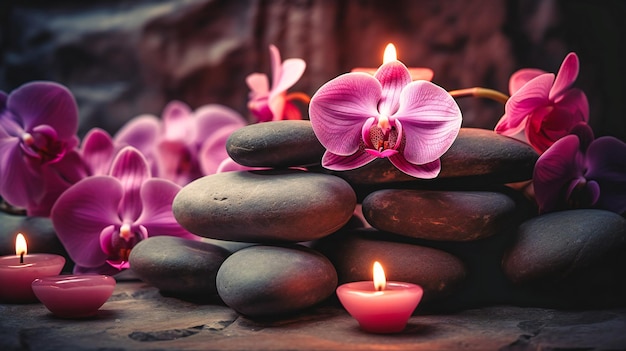 Una orquídea rosa en medio de piedras con velas iluminando el fondo