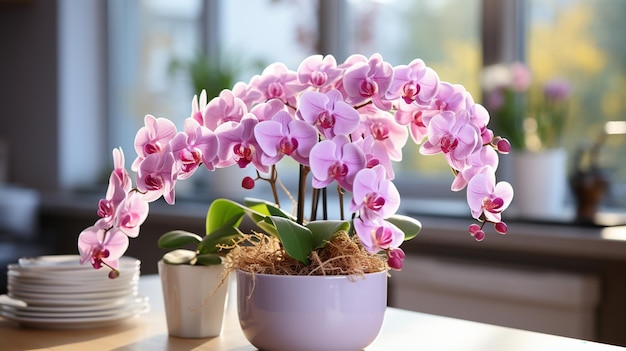 Orquídea roxa no peitoril da janela Cuidados com as plantas em casa