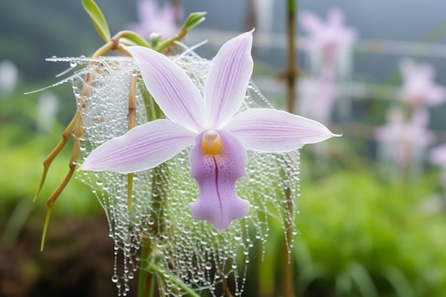 Orquídea con una telaraña cubierta de rocío cerca