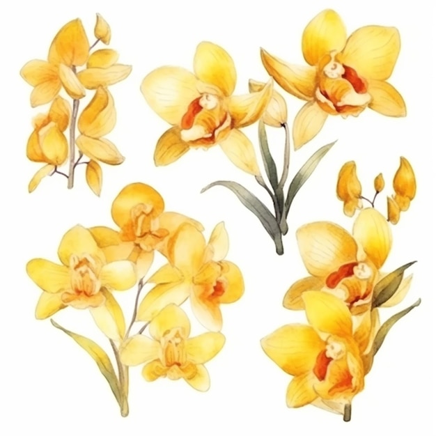 Orquídeas amarelas em um fundo branco ai generativo