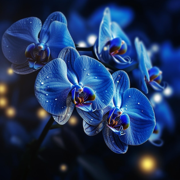 Orquídeas azuis em luz penetrante e úmida Generative AI