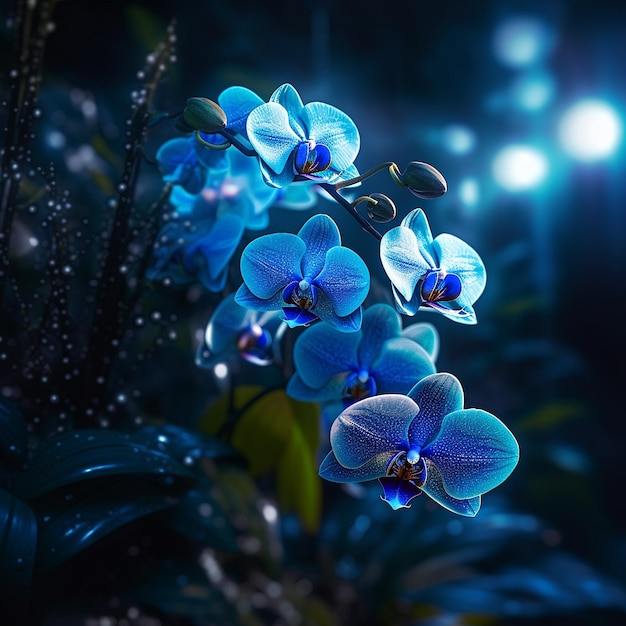 Orquídeas azuis em luz penetrante e úmida Generative AI